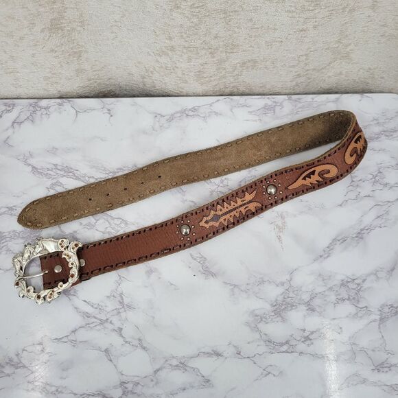 Enmon Vintage Brown Leather Belt with Silver Toned Oversized Horse Head Buckle - Picture 8 of 12